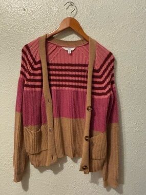Time and Tru Pink and Tan Striped Knit Cardigan